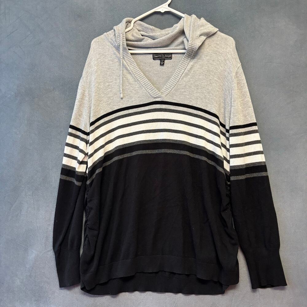 Sienna & Sage 2X Striped Hoodie Sweater Gray Black V-Neck Long Sleeve Preppy